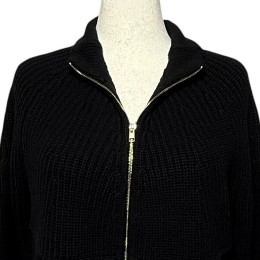 Chicos Sweater Womens XL 3 Black Cardigan Full Zip Mock Neck 3/4 Sleeve Ribbed